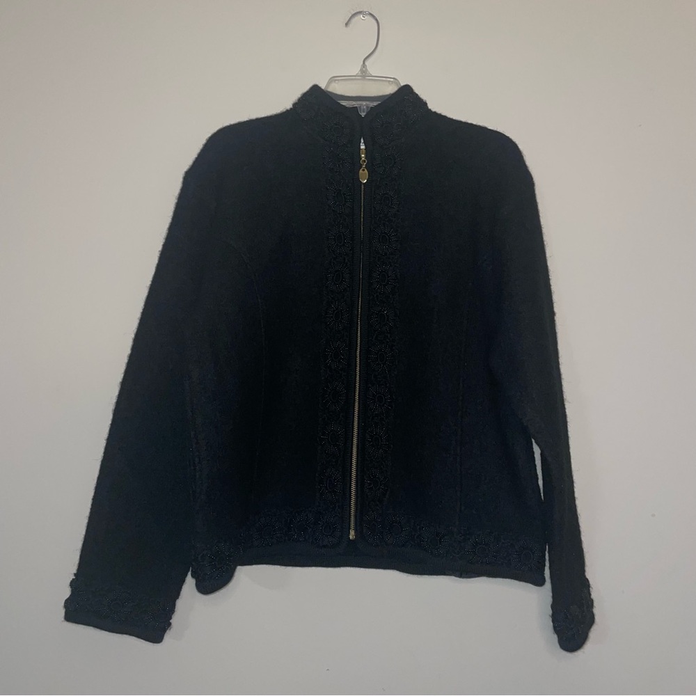 Lisa International Black Floral Beaded Embroidery L Zip Up Boiled Wool Jacket